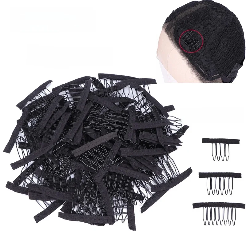 Peignes de perruque pour la fabrication de bonnets de perruque, 4/6/8 dents, Clips en acier avec tissu pour postiche, accessoires de perruque, outils noirs, 10 pièces/lot