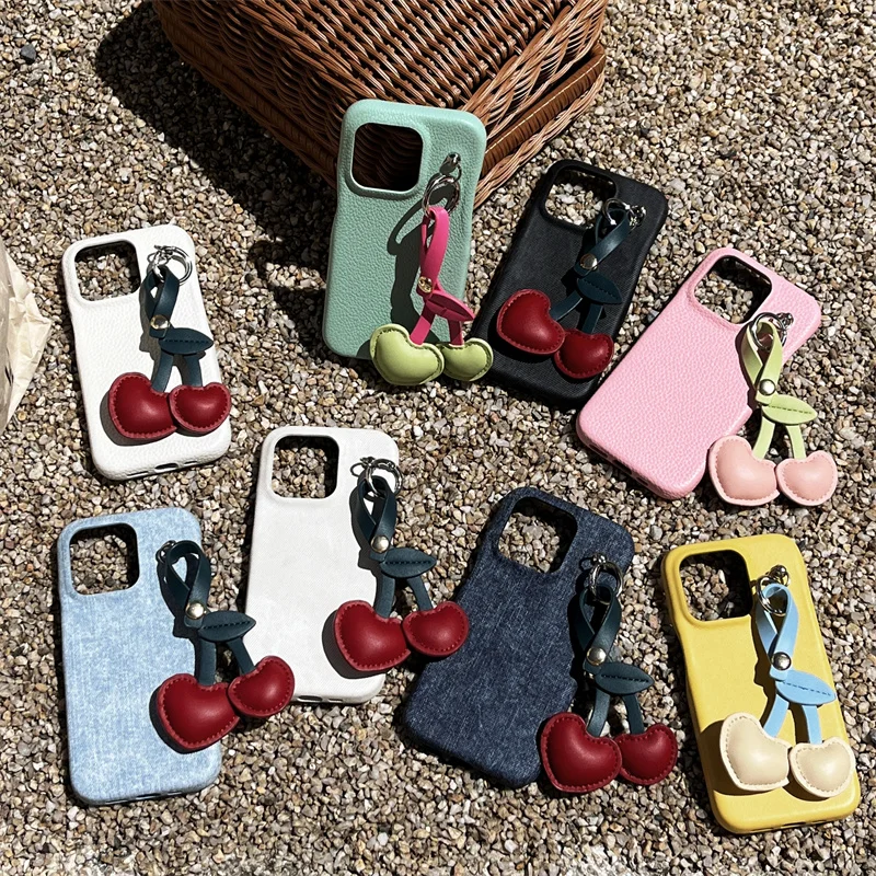 Leather Phone Case with Cute Cherry Pendant for Women Protective Cover for iPhone 15 Pro 12 13 14 Pro Max Cover Denim Cloth