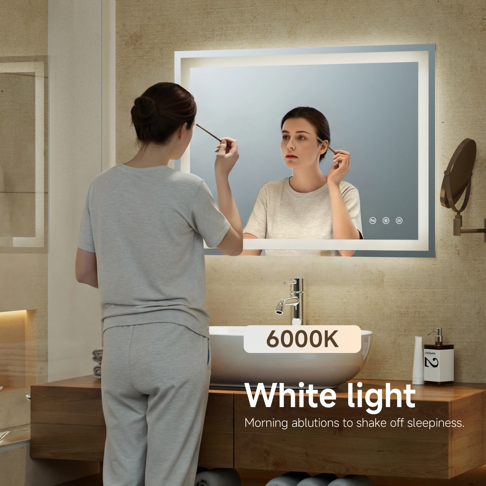 60x45cm Miroir Salle de Bain LED Design, Miroir Lumineux Salle de Bain avec Double Éclairage, 3 Couleurs Dimmable, Anti-buée, Montage Horizontal ou Vertical, IP67 Moderne