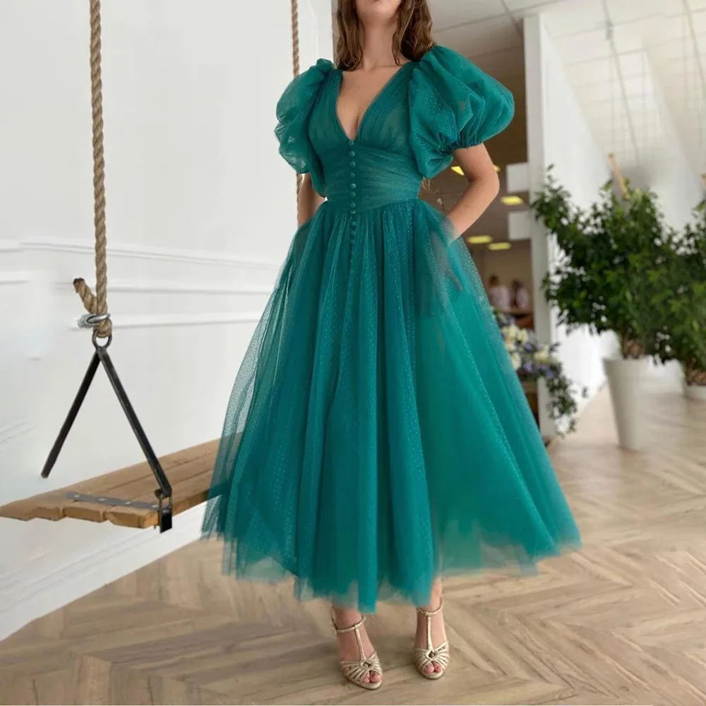 

Elegant Green Lace V-Neck Evening Dress Puff Sleeves Puffy Pleated Prom Dress Tulle Ruffled 2022 New Party Dresses Vestido De Ga