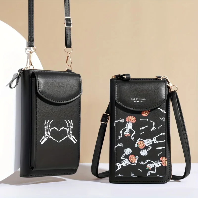 Torba na ramię Spooky Ghost Skull - styl Halloween zapinany na zamek - gotycka torebka na telefon z bezpiecznymi przegródkami dla modnych czarownic — zdjęcie 2