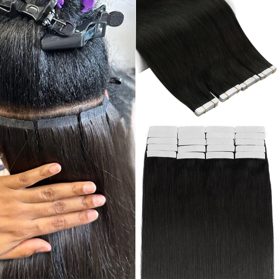 Straight Tape In Hair Extensions Seamless Skin Weft Tape in Hair Extension Adhesive Invisible 100% Real Human Hair Natural Color