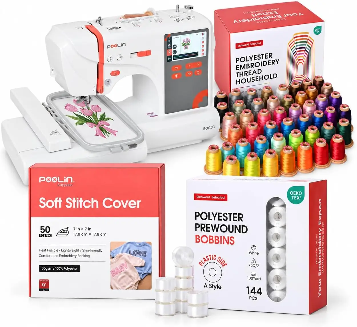 Poolin EOC03 Embroidery Machine Bundle – 80 Colors 800M Thread Set + 144pcs Prewound Bobbins + Soft Stitch Cover, Complete Starter Kit for Easy & Comfortable Embroidery
