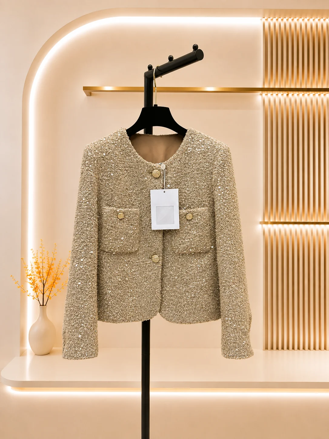 2026 Women Tweed Jacket Sequin Embellished Multi Yarn Weave Handmade Edge Trim Gold Diamond Inlaid Buttons Cropped Outerwear