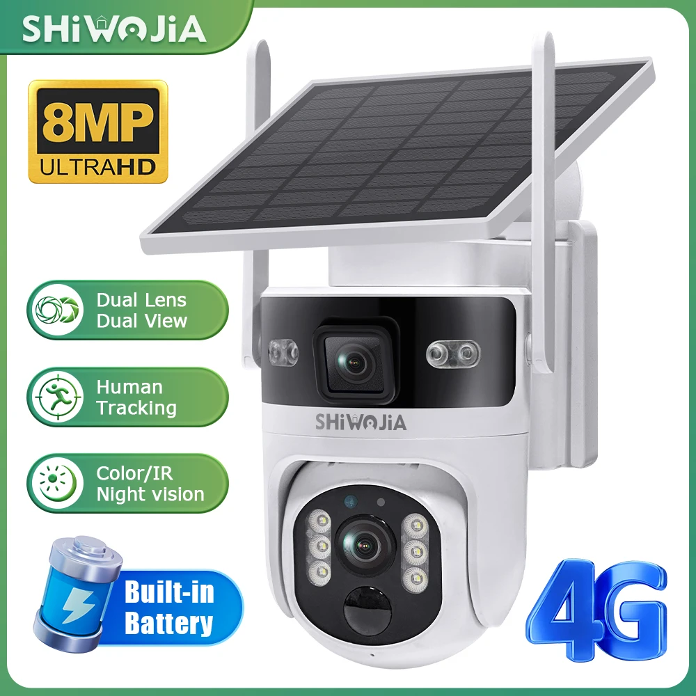 

SHIWOJIA 4G/WiFi Dual Lens Solar Camera Outdoor 4K HD CCTV Camera Solar Powered PIR Detection, Color Night Vision, Two-Way Audio