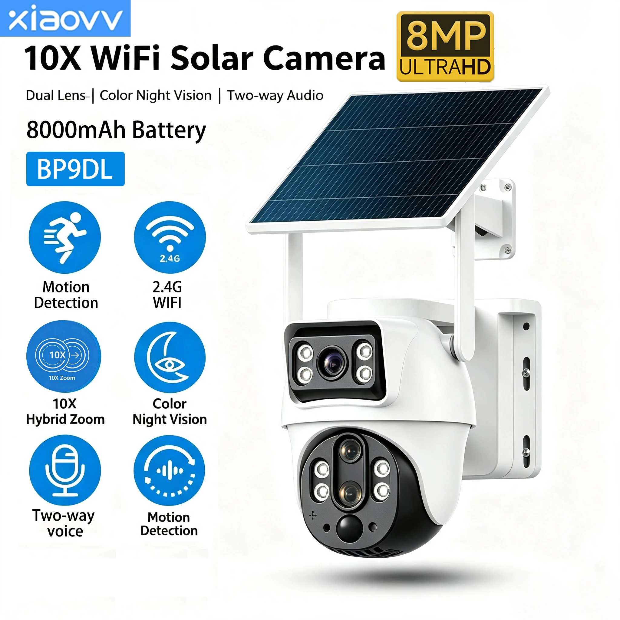 Xiaovv WiFi Solar Dual Lens 8MP 10X Zoom PTZ Camera IP66 Weatherproof AI Human Alert Two-Way Audio Outdoor Security Cam
