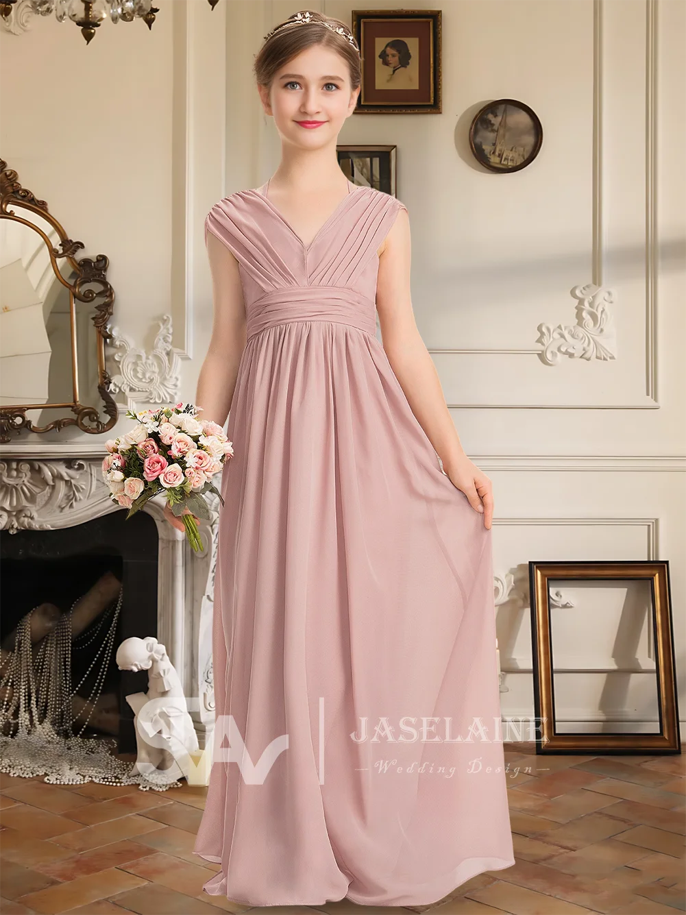 B Kids Dusty Rose A-Line V-Neck Floor-Length Chiffon Bow Junior Bridesmaid Dress Flower Girl Dress Wedding Party Girls Formal