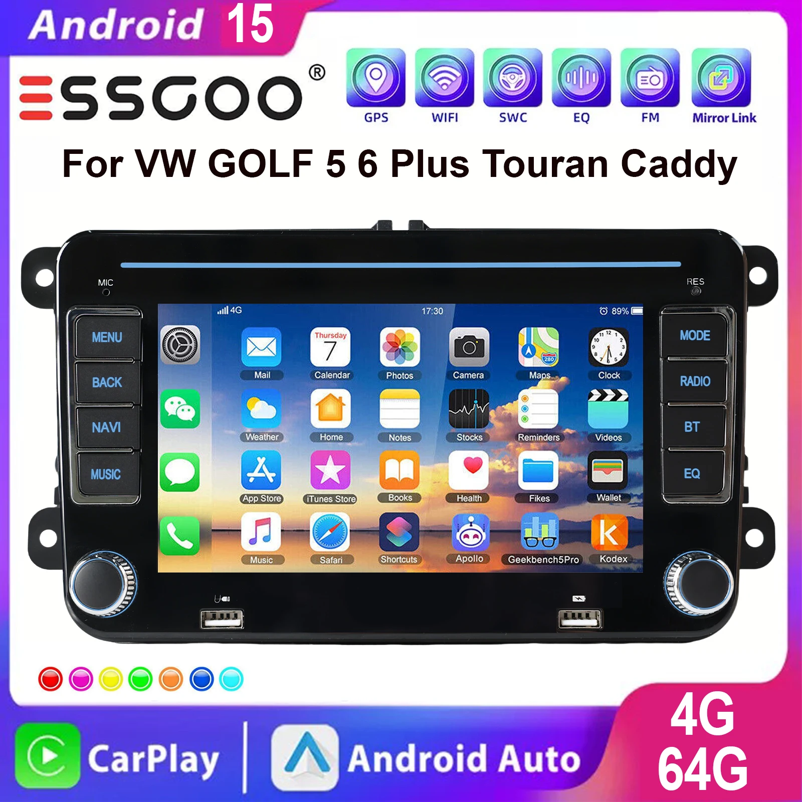 ESSGOO Android15 Für VW GOLF 5 6 Plus Touran Caddy 7-Zoll Wireless Carplay Autoradio GPS NAV WIFI SWC BT Mirror Link 7 Farben