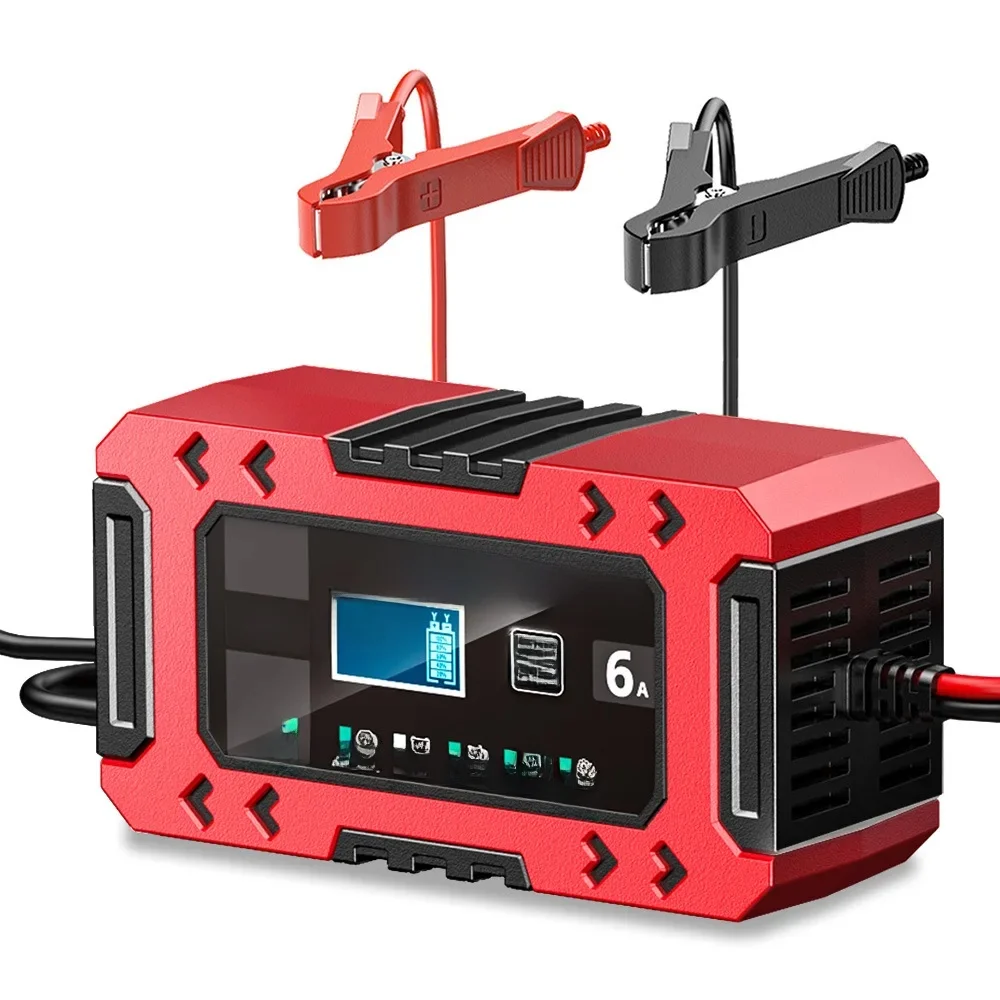 FOXSUR Vollautomatisches Autobatterieladegerät, 12 V, 6 A, Digitalanzeige, 10-stufiges Batterieladegerät, Power Puls Reparatur, Motorradladegeräte
