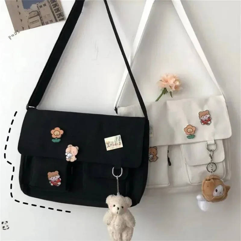 Japanse Harajuku Leuke Retro Meisje Schoudertas Chic Badge Canvas Crossbody Schooltassen Student Effen Kleur Messenger Bag Satchel