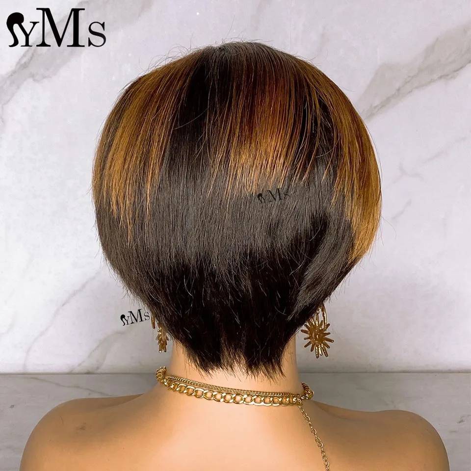 Summer Short Highlight Brazilian Pixie Bob Wig Human Hair PrePlucked YMS Virgin Straight 13x4  13x6 Lace Frontal Wig For Women