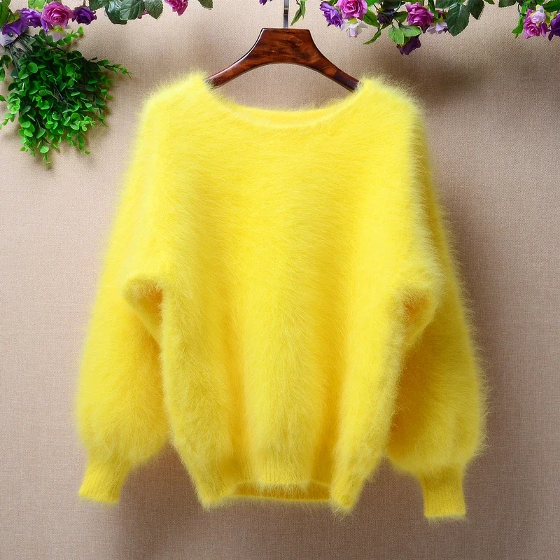 Eleganter, modischer, flauschiger kurzer Damen-Winterpullover aus 100% langem Nerz-Kaschmir-Angorafell mit warmen Laternenärmeln und Fledermausärmeln.