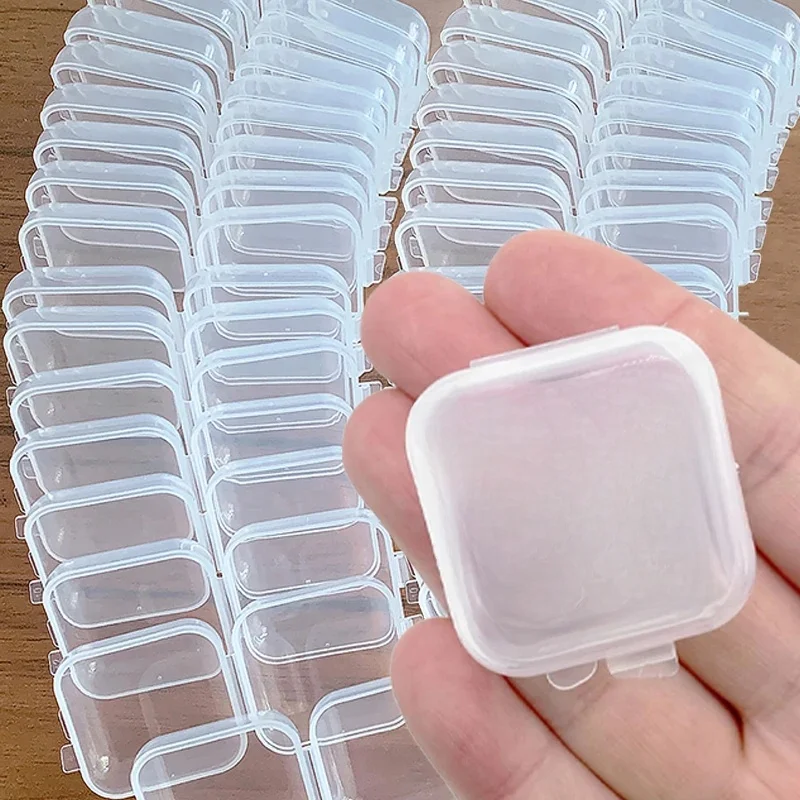 Mini boîtes de rangement de bijoux, 100/1 pièces, boîte de rangement carrée transparente en plastique pour pilules, boucles d'oreilles, bagues, boîte de Protection anti-poussière