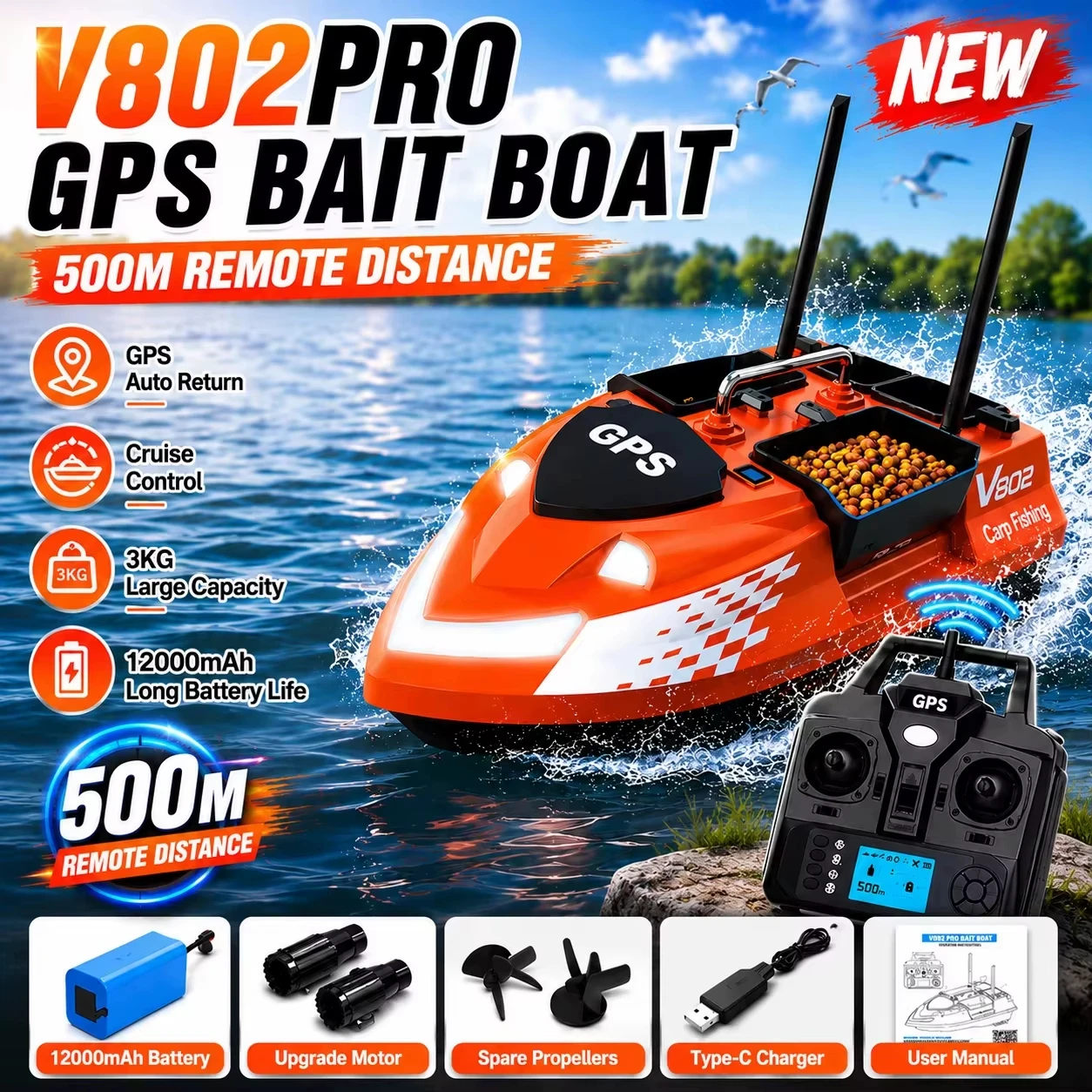 Bateau à appâts télécommandé Flytec V802 Pro pour la pêche, 4 compartiments à appâts, 500 m, retour automatique en cas de perte ou de faible niveau de batterie, 160 points GPS, double antenne, charge maximale de 3 kg, batterie 12000 mAh