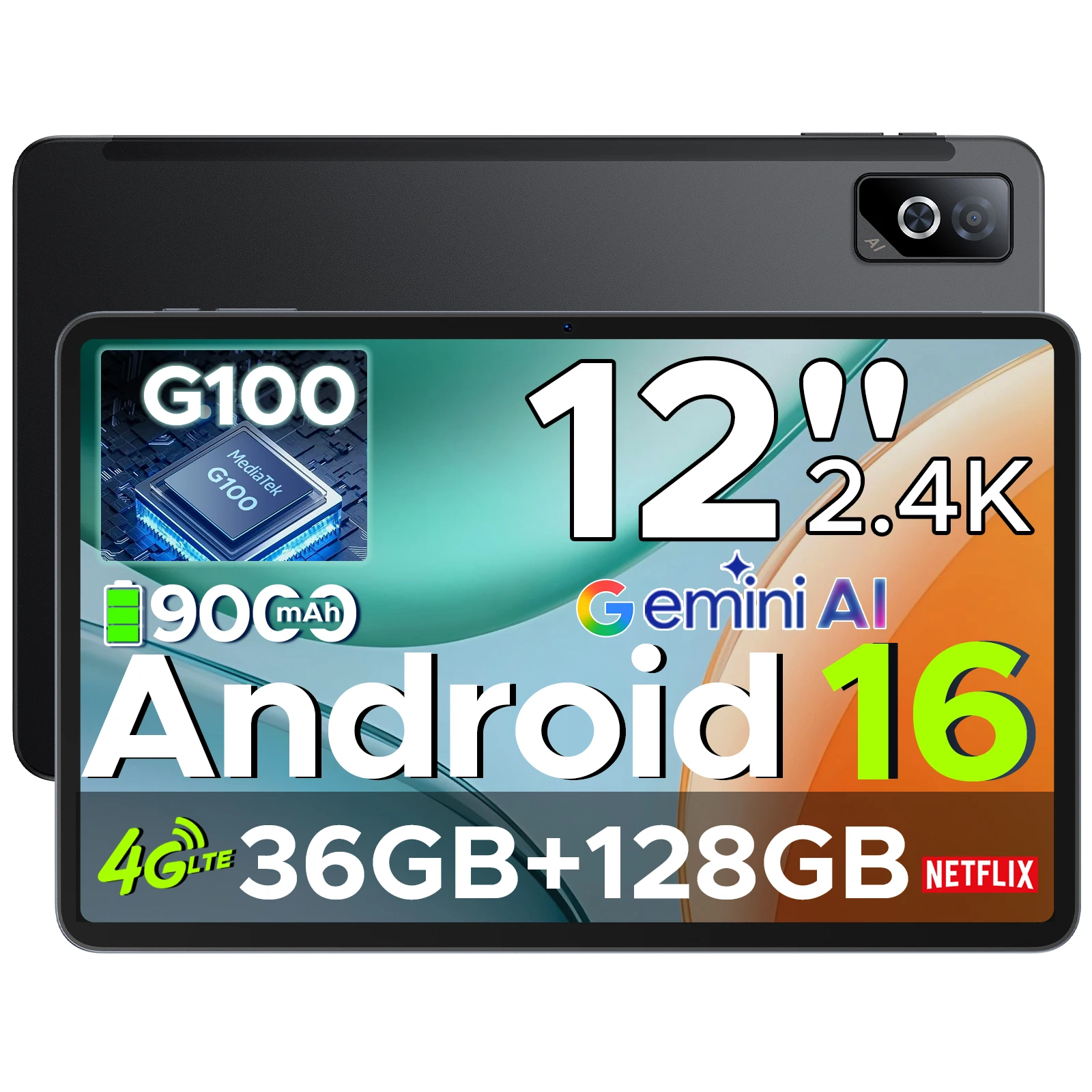 DOOGEE Tab G6 Pro 12 Inch 2.4K Tablet PC Android 16 Tablet & Helio G100 36GB RAM 128GB ROM 9000mAh Large Battery Android Tablets