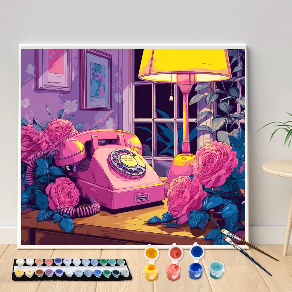 

Digital Acrylic Painting Kit DIY The Rose and the Old Telephone Art Canvas Hand Painted Home Decor Personalized Surprise Gift