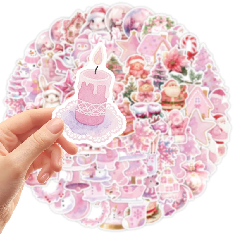 100PCS Pink Christmas Aesthetic Stickers Cute Pink Vintage Christmas Party Sticker Retro Santa Claus Graffiti Decals Scrapbook