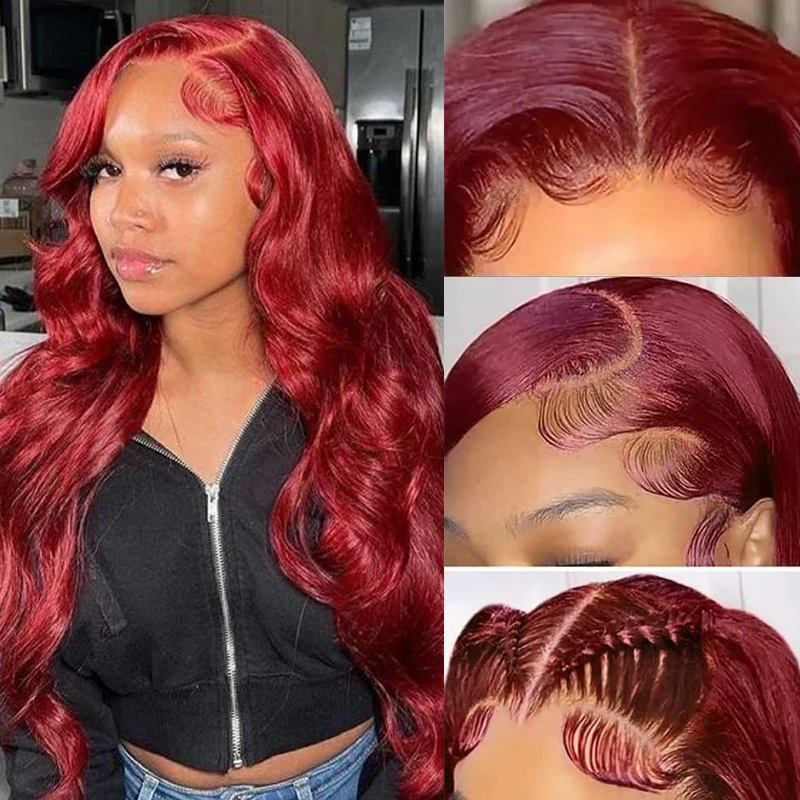 

99J Burgundy 13x6 Lace Front Wigs Human Hair 200 Density Body Wave 30 32 Inch Red Colored 13x4 Lace Frontal Wigs For Women