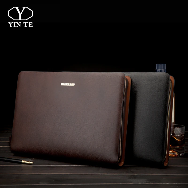 Yinte bolsas de couro masculino mulher negócios a4 saco de arquivo de couro armazenamento com zíper tablet saco de grande capacidade engrossado