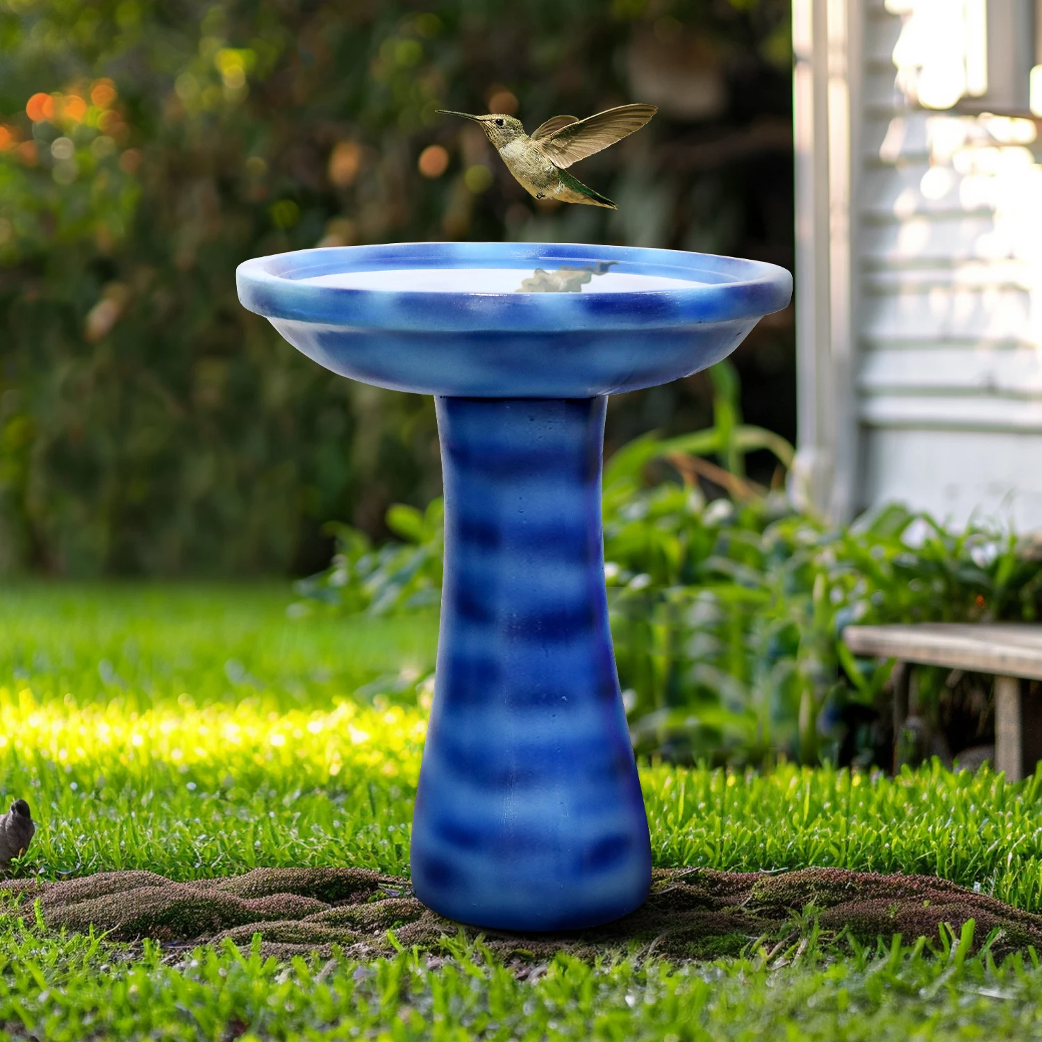 Naturefalls Modern Vintage Tall Fiber Cement Bird Bath - Garden Lawn Backyard and Patio Outdoor Garden Decoration, 23.6‘’H, Blue