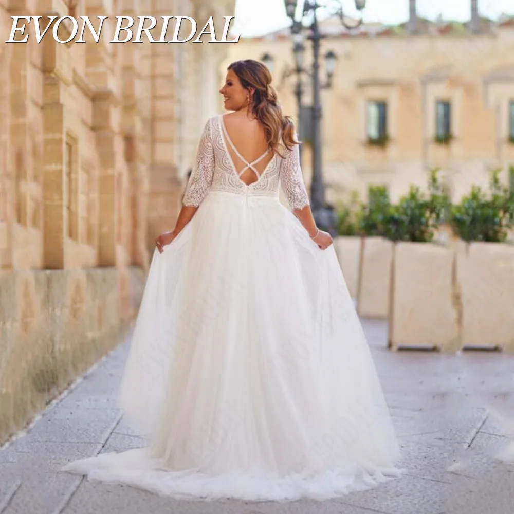 EVON BRIDAL Lace Wedding Dress Plus Size Backless V-Neck Applique Vestido De Novia Tulle 3/4 Sleeves Bride Gown Custom Made