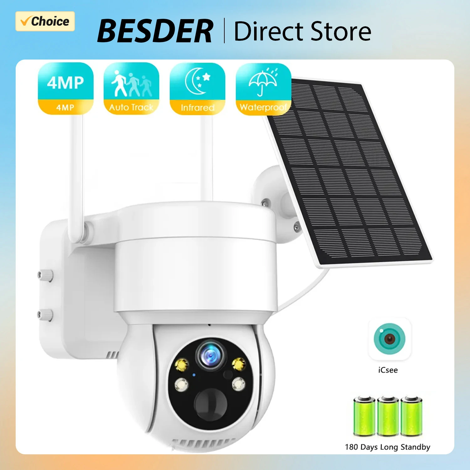 BESDER WiFi PTZ Camera Outdoor Wireless Solar IPCamera 4MP HD Built-in Battery Video Surveillance Camera Long Time Standby iCsee