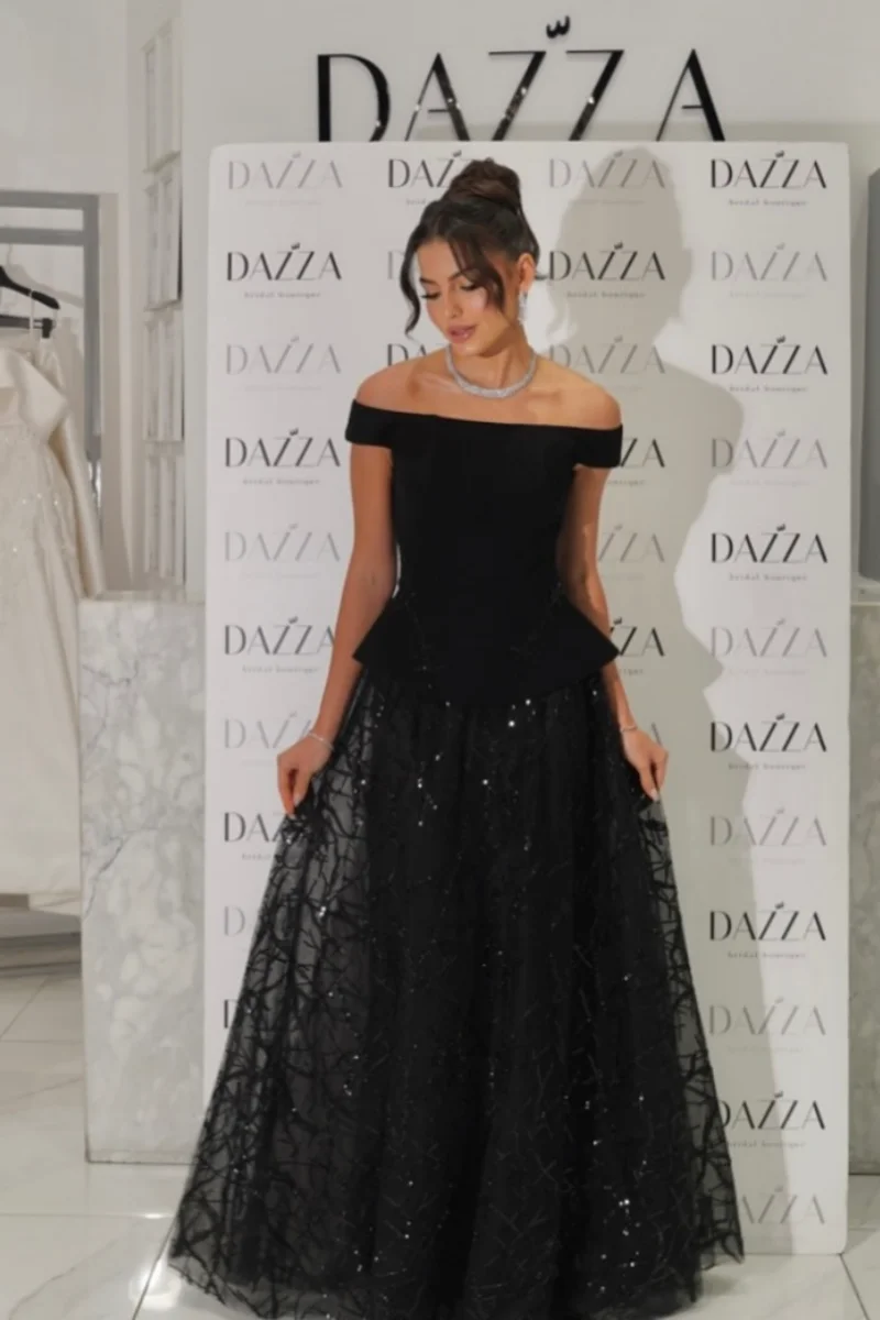 Jessica Elegant Black Evening Dresses Shimmering Tulle Prom Dresses Off-the-shoulder A-line Formal Occasions Party Dresses