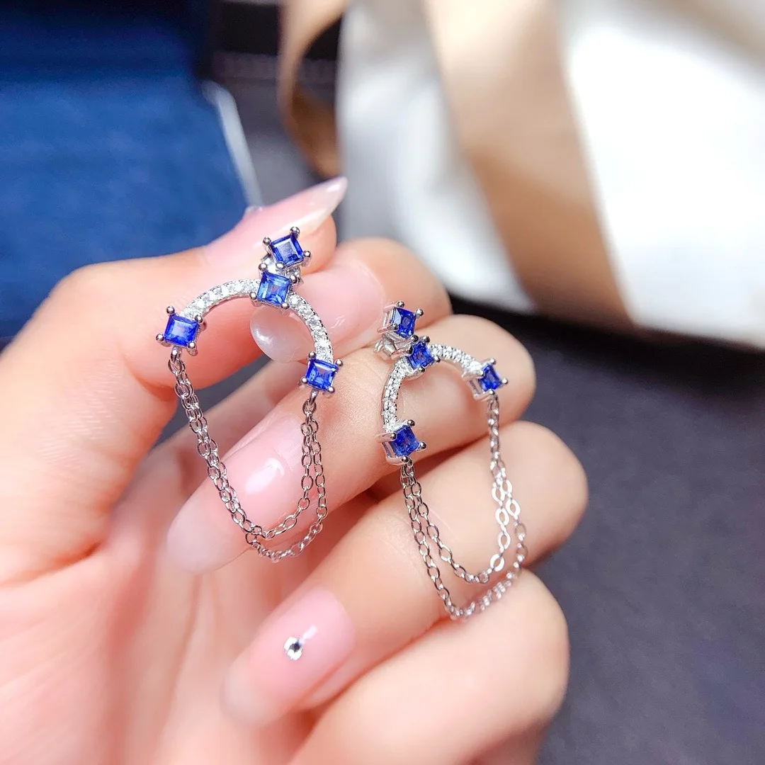 Jewelry Women's Natural Gem Earrings 925 Pure Silver Electroplated 18K White Gold 3x3mm Sapphire Gift for Girlfriend's Wedding 5