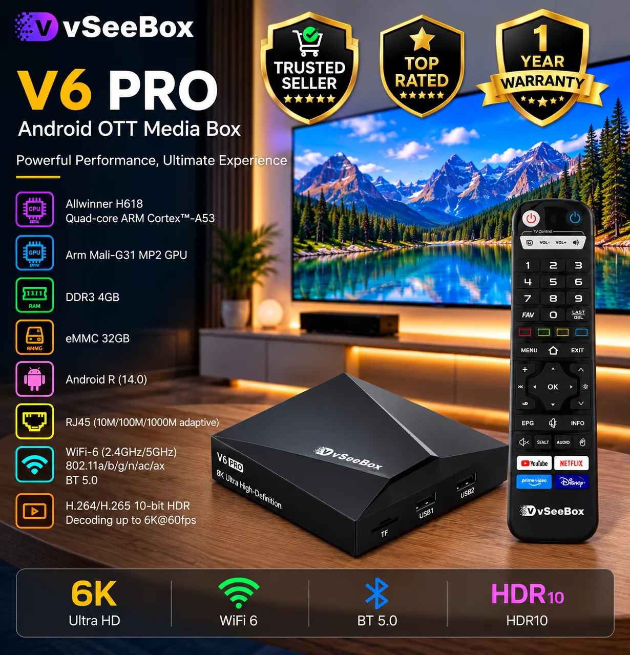 vSeeBox V6 Pro | Android 14 Device with | 4GB+32GB | Authorized Seller | USA Ship | Dual-Band WiFi | Bluetooth Remote