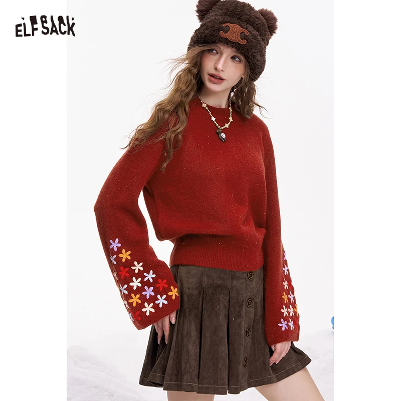 

ELFSACK Elegant Minimalist Classic Cropped Flare Sleeve Floral Print Solid Round Neck Hemmed Sweater For Women