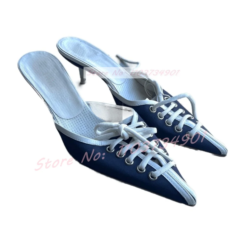 Pointy Toe Lace Up Mid Heeled Slippers Female Elegant Fashion Pointy Toe Mules Women Casual Comfortable Breathable Slippers