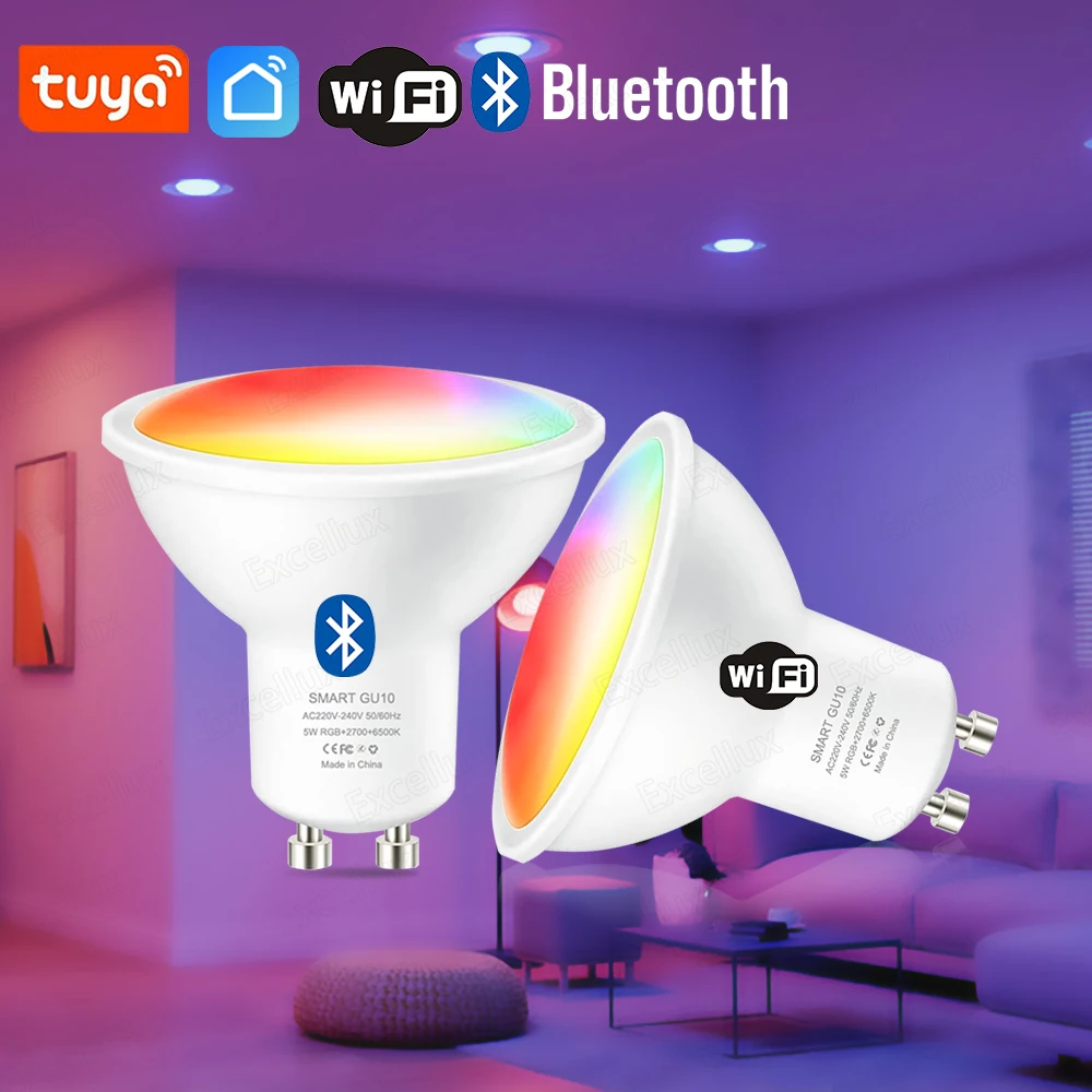 

Лампа Tuya GU10 с управлением через приложение, умная лампочка с Wi-Fi, Bluetooth, RGB, 220 В переменного тока, лампочка с регулируемой яркостью, 5 Вт, умная лампочка для дома и комнаты