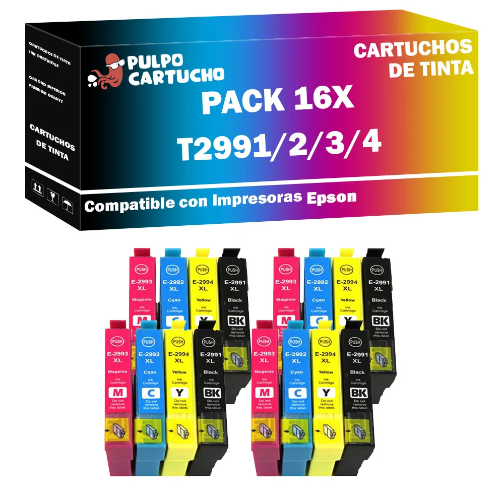Pack 16 x Cartuchos de Tinta Genéricos T2991, T2992, T2993, T2994 Compatibles con Epson 29XL / 29 XL - Para Impresoras Expresion Home XP-235, XP-240, XP-245, XP-247, XP-250, XP-255, XP-257, XP-332, XP-335, XP-340, XP-342, XP-345, XP-350, XP-352, XP-355
