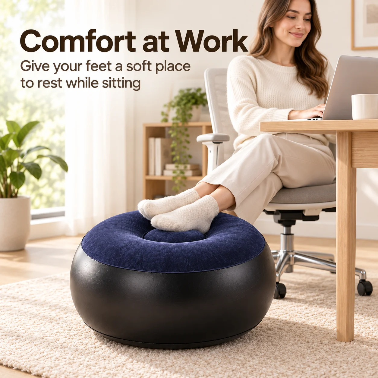 1PC Inflatable Footrest Ottoman 52x27cm Soft Flocked Foot Stool Portable Air Cushion for Home Office Sofa
