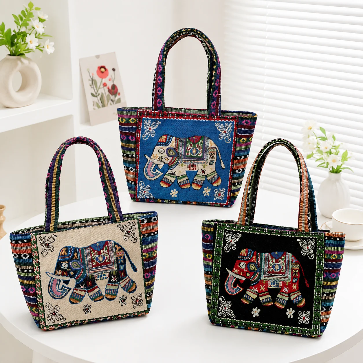 Vintage Ethnische Elefanten-Muster Gewebte Tragetasche Große Kapazität Reißverschluss-Handtasche Boho Schultertasche für Frauen Reisen Einkaufen Täglicher Gebrauch – Detail 1