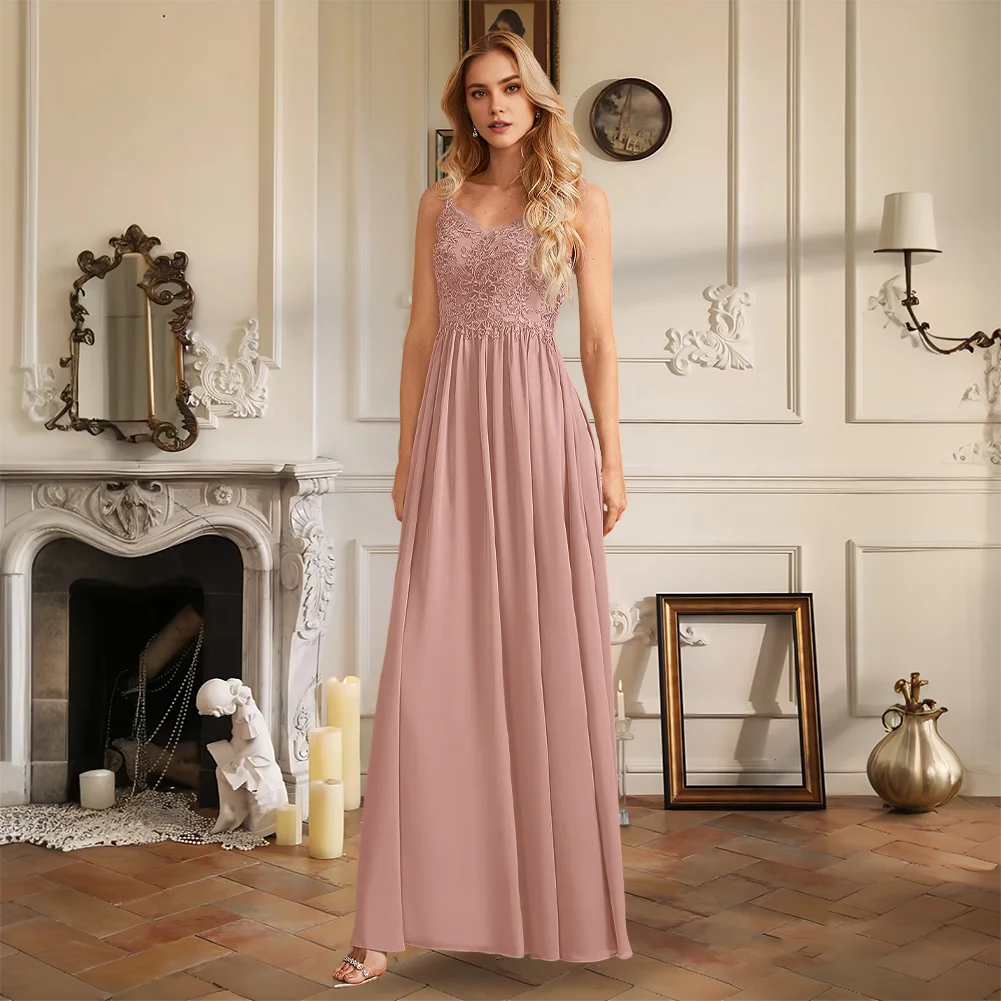 

Luxury Royal Blue A-Line V-Neck Floor-Length Lace Ruffle Chiffon Bridesmaid Dresses Wedding Guest Evening Cocktail Gown 2025