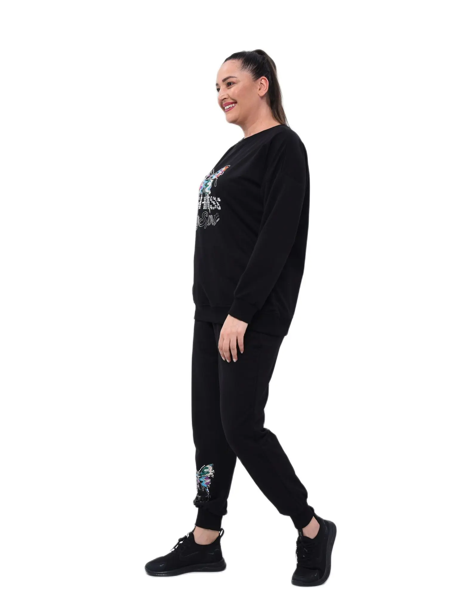 Women’s Plus Size Black Sweatsuit Set 2 Piece Butterfly Embroidery And Stone Letter Detail Tracksuit, Designed and Made in Turke
