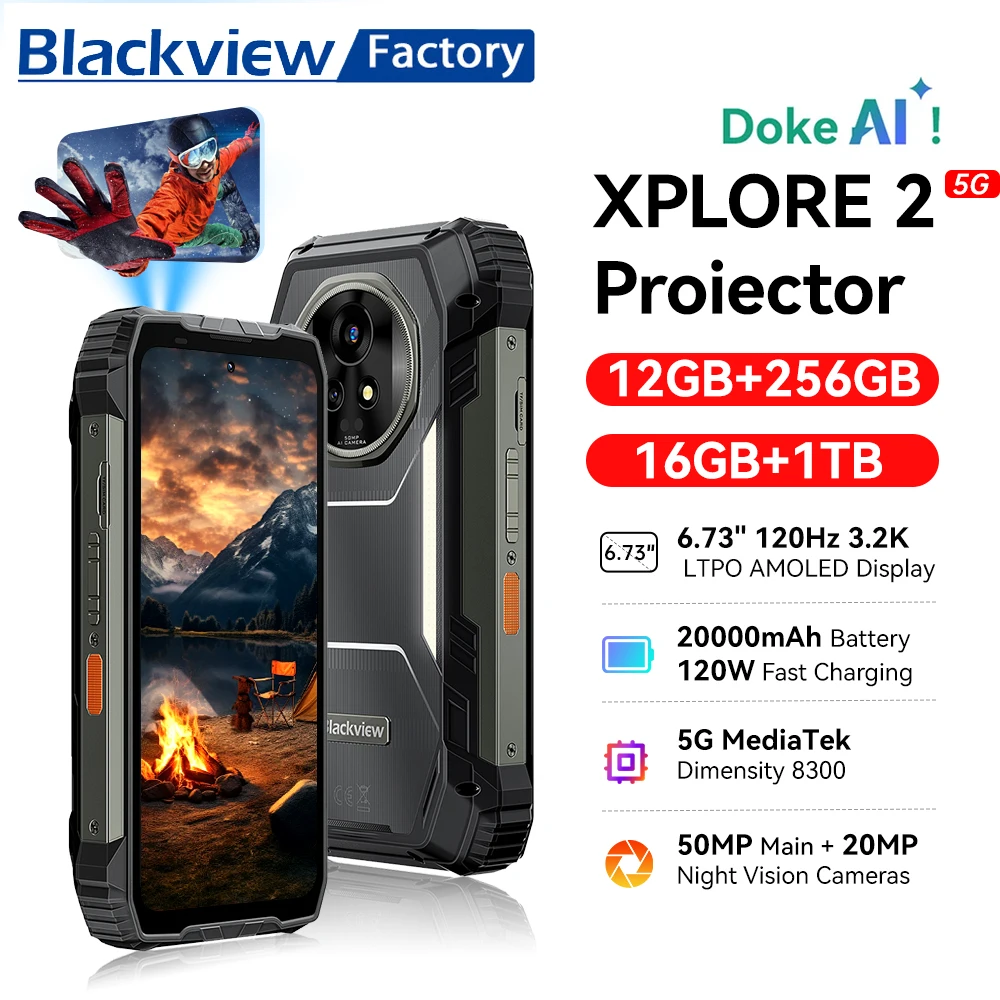 Blackview XPLORE 2 Projector 5G Rugged Phone 6.73” Display MediaTek Dimensity 8300 Telephone 20000mAh Smartphone Android 15 NFC