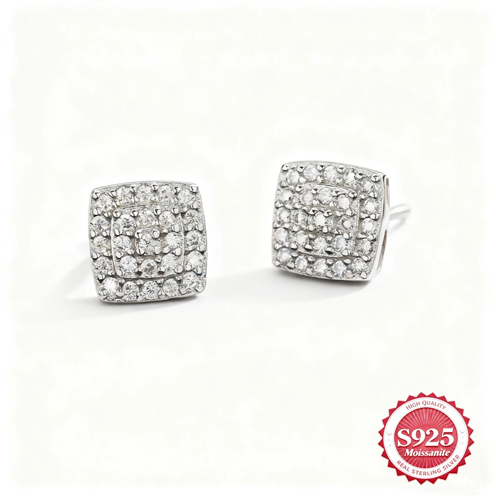 

8MM Square Halo Moissanite Screw Stud Earring S925 Silver Hiphop Rhombus Jewelry Women Men Party Wedding Anniversary Gift