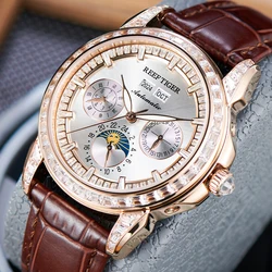 Reef Tiger/RT Fashion Rose Gold Diamonds MoonPhase Automatic Watch Brown Leather Strap Multifunctional Business Watch RGA1988