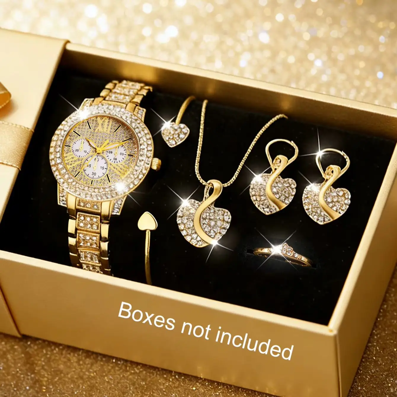 6-Piece Set of New Fashionable and Elegant Round Wristwatches for Women, Paired with a Sparkling Necklace, Earrings, Ring, and Bracelet Jewelry Set, Suitable for Daily Wear, Parties, Valentine's Day, Easter, Christmas, New Year, Halloween, Ramadan, and Also Makes a Great Gift for Family and Friends.