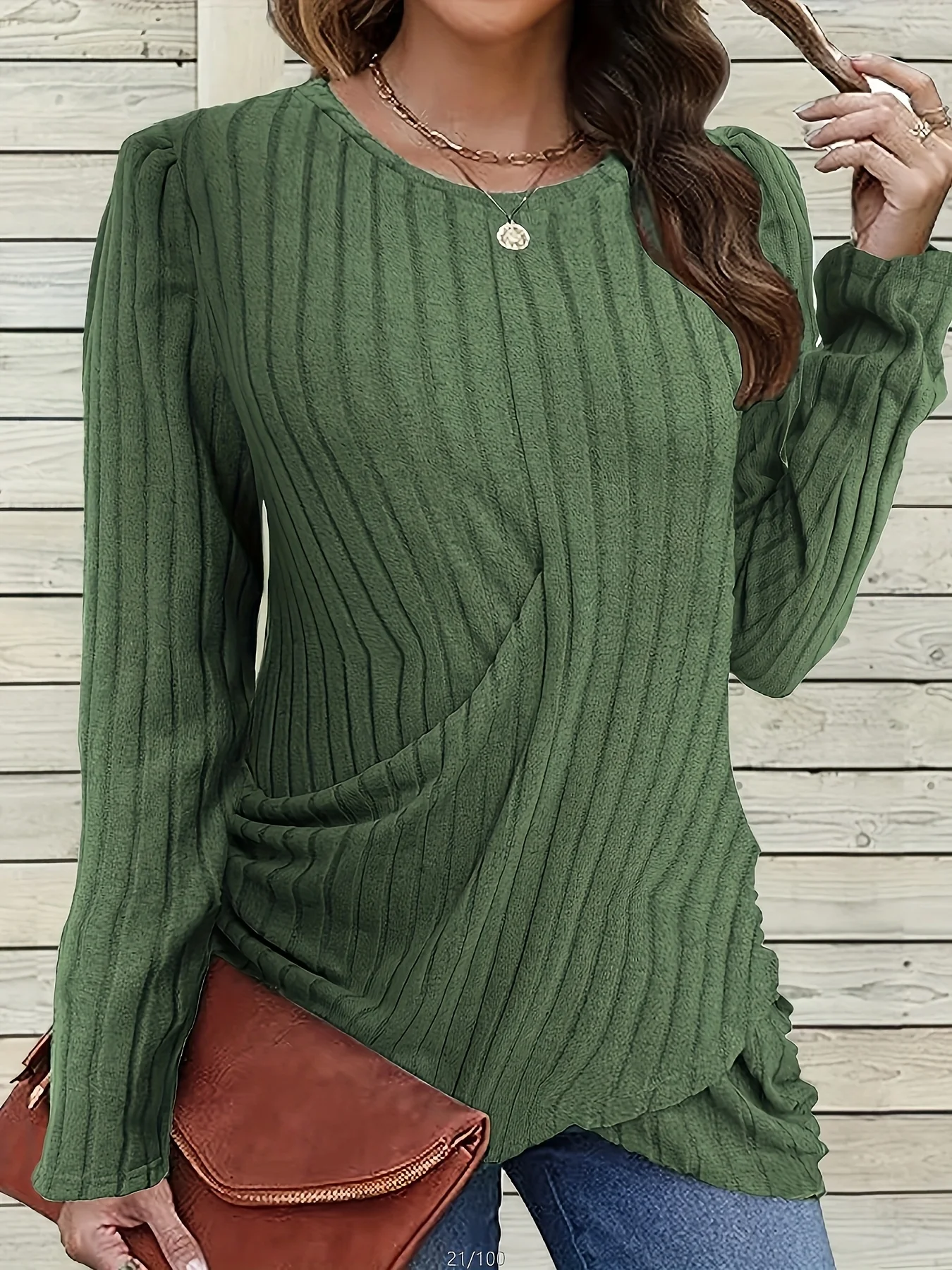 

2025 Plus Size Fashion Pick! Dark Green Ribbed Ruched Long - Sleeve Top (Plus Size). Ribbed Texture for Quality, Irregular Ruche