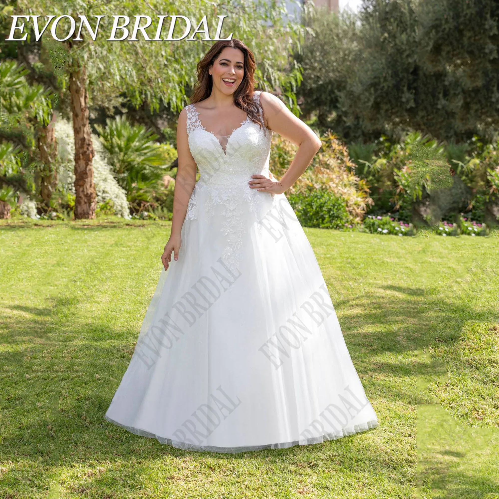 

EVON BRIDAL Spaghetti Straps Wedding Dress Plus Size A-Line V-Neck Bride Gown Applique Civil Tulle Customized Robe De Mariée