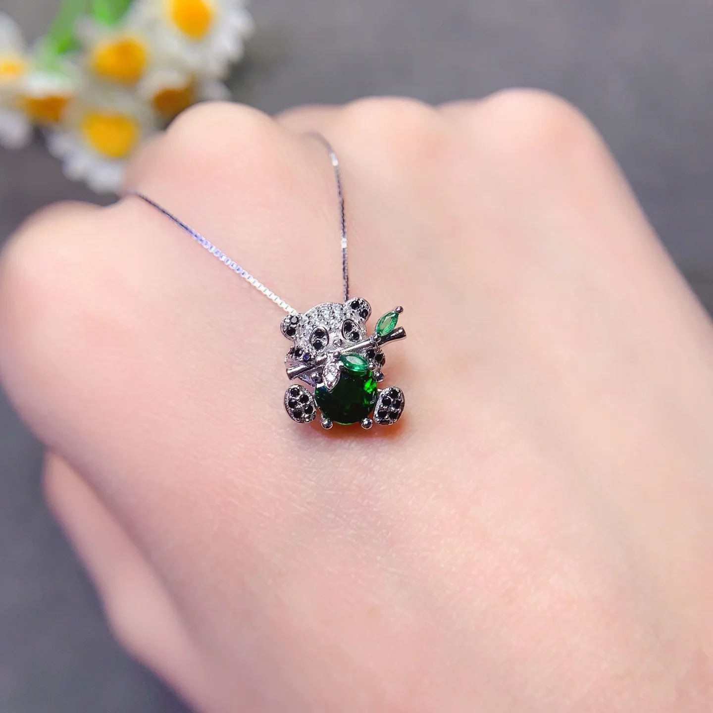 Jewelry Girls' Pure Natural Translucent Jadeite Necklace Pendant Ring Set 925 Pure Silver Plated Platinum Panda Christmas Gift