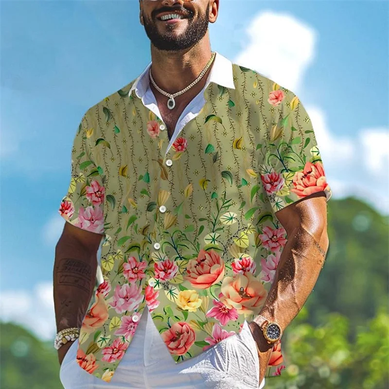 

Men's shirt 3D floral print outdoor street casual summer lapel short-sleeved shirt XS-5XL stretch fabric shirt