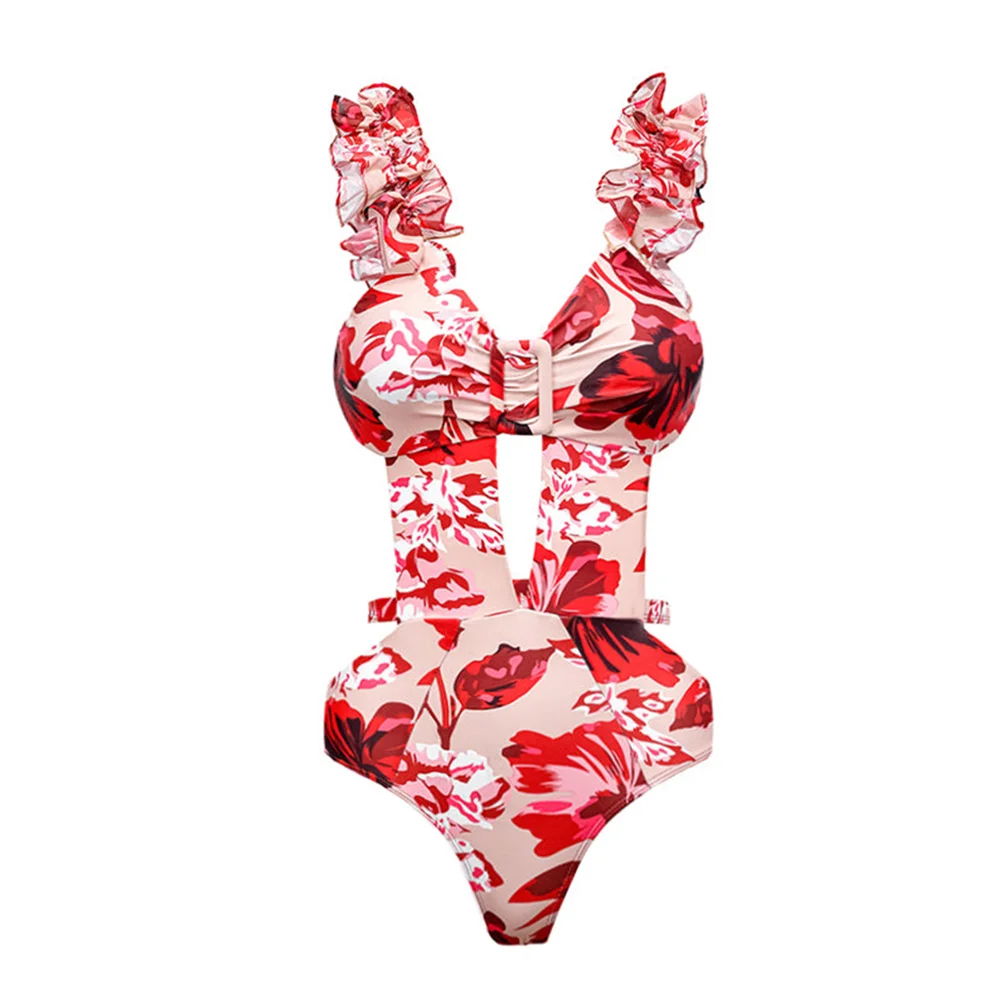 Vintage Red Printed Skeleton One-Piece Swimsuit High Waist Cut Backless Skinny Beachwear Gathering Sexy Square Neck Bikini