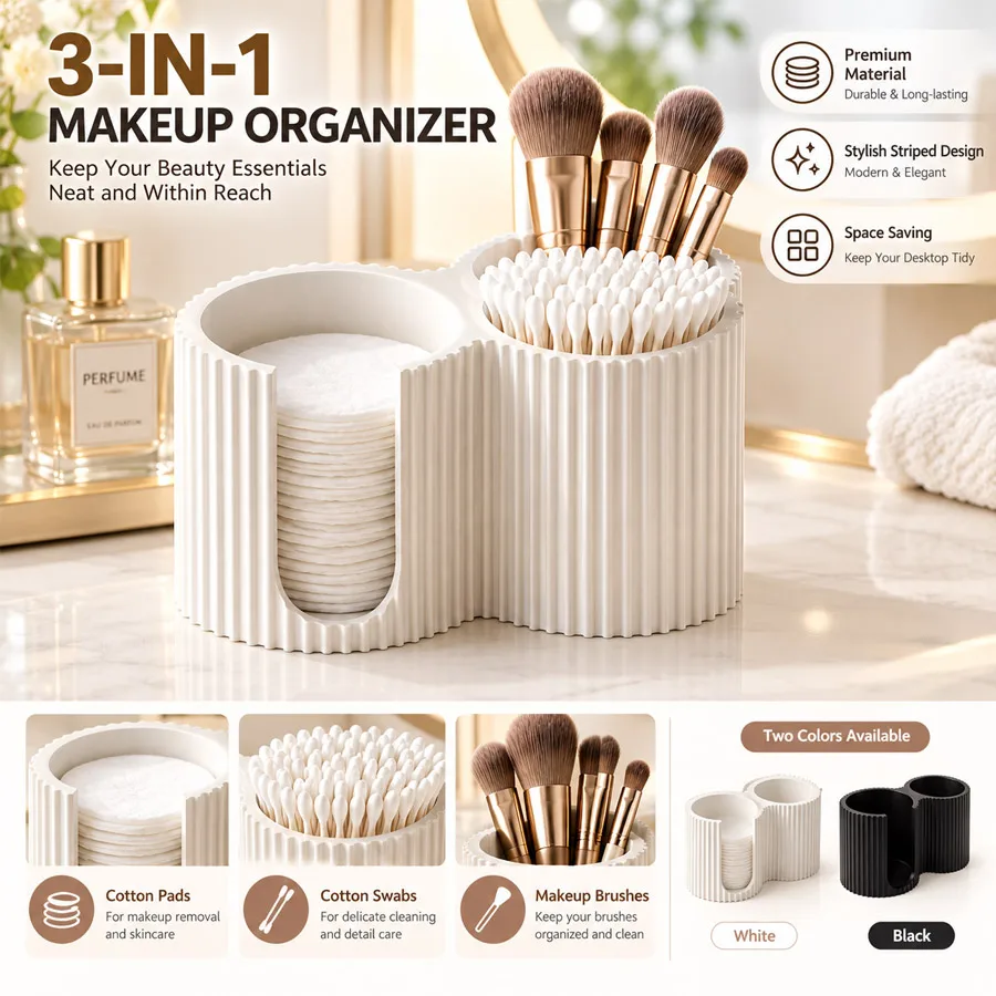 Minimalist Striped Makeup Storage Box, Multi-Functional Desktop Cosmetic Organizer Black White for Cotton Pads Brushes
