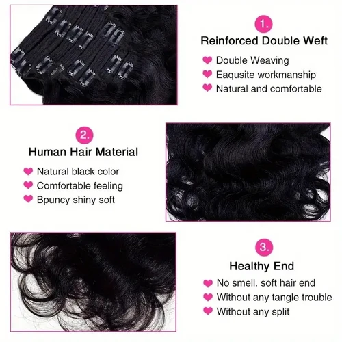 Imagen 2 del producto Clip in Body Wave extensiones de cabello para mujeres negras, 100% cabello humano virgen sin procesar, Color negro Natural # 1B