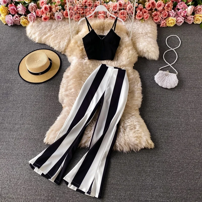 Summer Women Outfits Spaghetti Strap Sexy Tank Tops Stripe Wide-Leg Pantsuit Female New Fashion Vintage Trousers 2 Pieces Suit