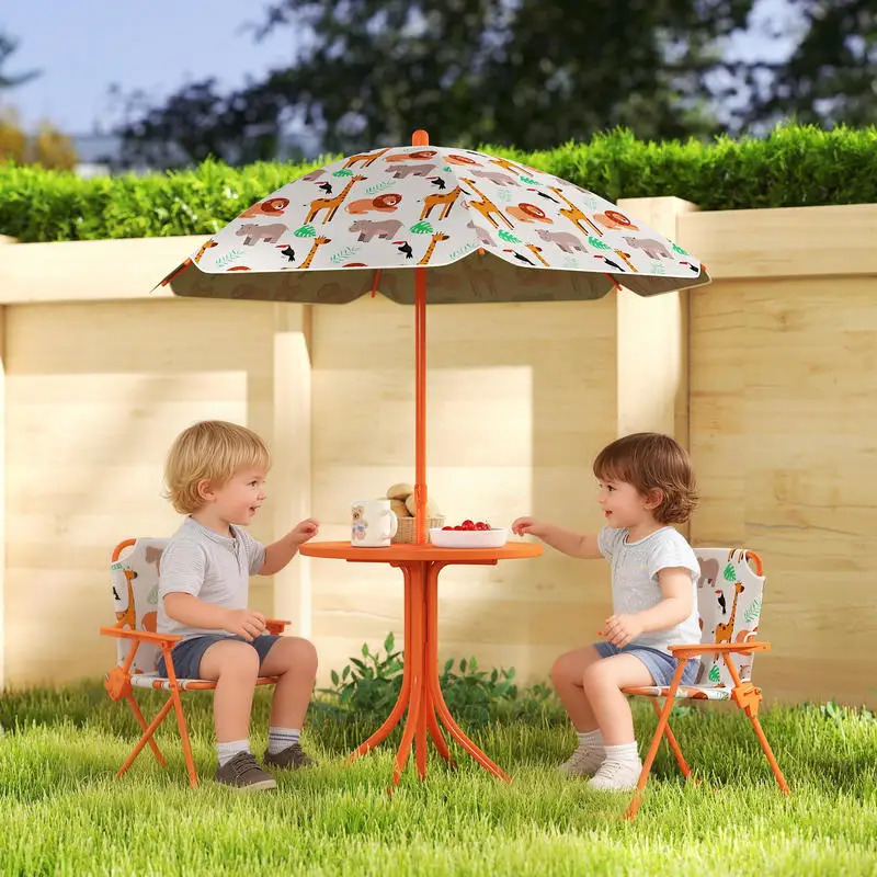 Salon de jardin enfant, table enfant avec 2 chaises pliantes et parasol Ø 100 cm, motif animal, orange